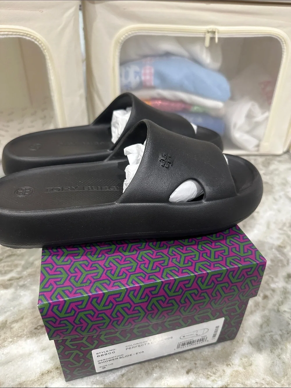 New! Authentic Tory Burch Black Shower Slide Sandals size women’s 9